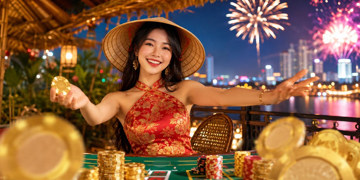 Người chơi Hà Nội tham gia bàn Baccarat VIP kết hợp với hình ảnh nón lá truyền thống