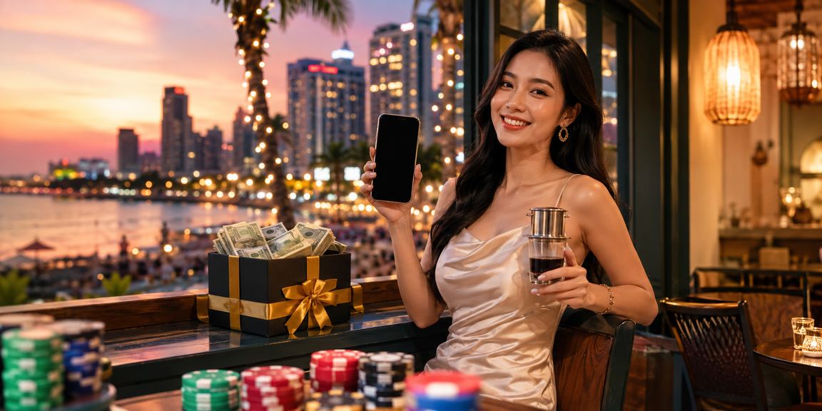 Người dùng tại Phú Quốc sử dụng ứng dụng casino trên điện thoại bên cốc cà phê